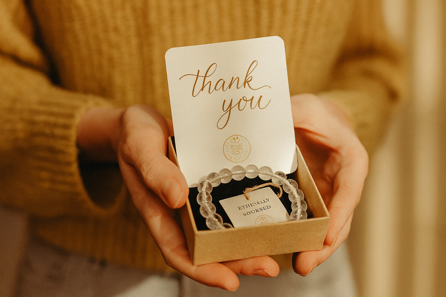 Woman holding a small gift box with crystal bracelet and thank-you card – Vedoorja Jaipur