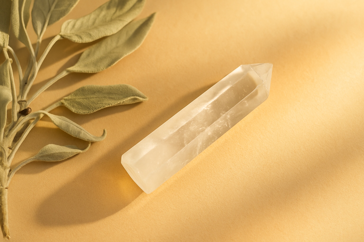 Clear quartz wand with sage leaves on beige background – energy cleansing by Vedoorja