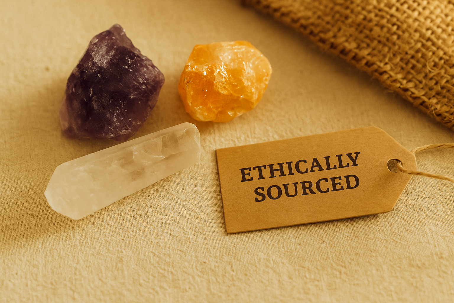 Raw crystals with jute cloth and tag labeled ethically sourced – Vedoorja Jaipur