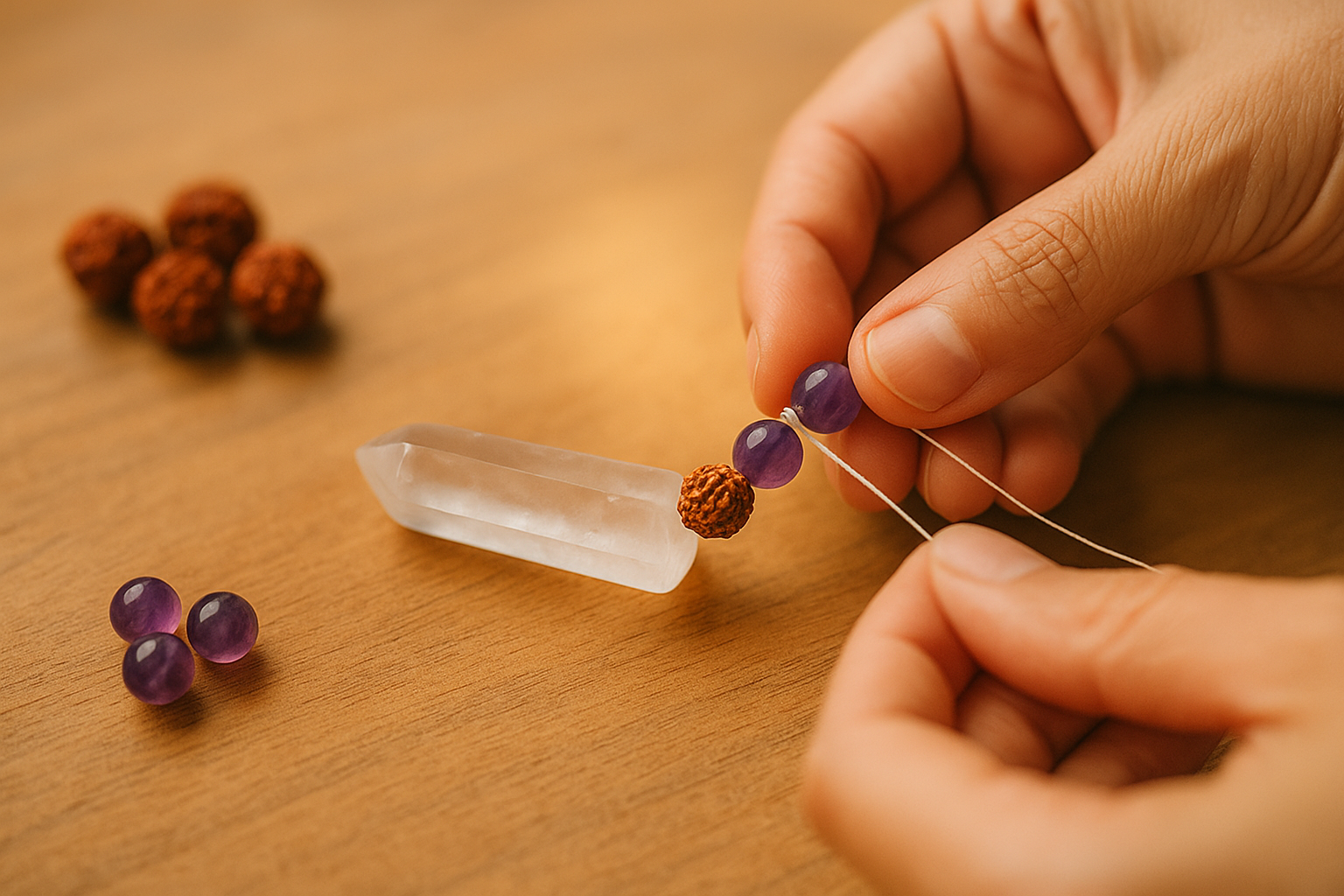 Artisan hands stringing amethyst beads on wooden table – handcrafted crystal jewelry by Vedoorja