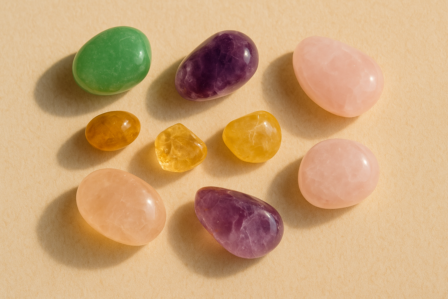 Natural gemstones — green aventurine, amethyst, rose quartz, citrine on beige background – Vedoorja Jaipur
