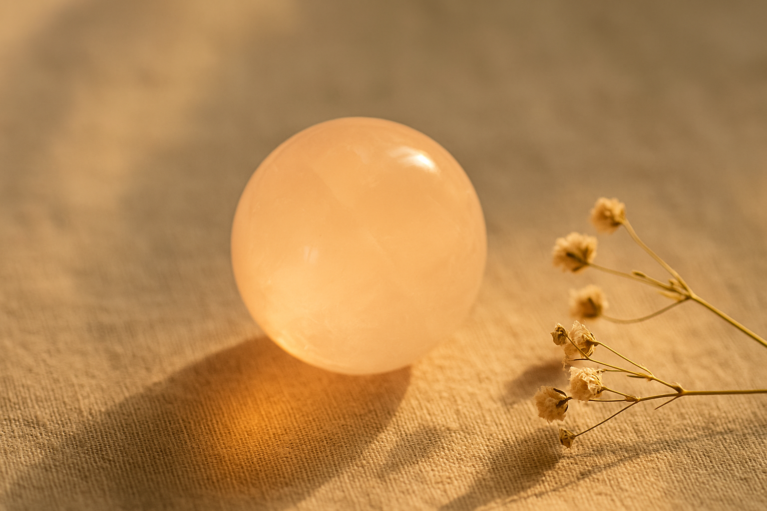 Rose quartz crystal sphere glowing on linen background – positivity and calm – Vedoorja