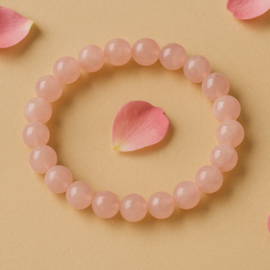 Rose quartz crystal bracelet with rose petals on beige background – handcrafted by Vedoorja Jaipur