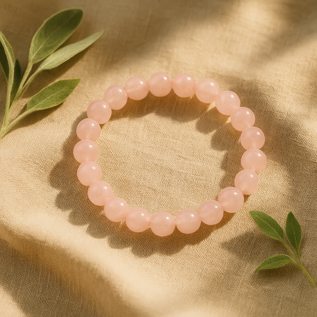 Rose quartz crystal bracelet placed on beige linen fabric under natural sunlight with green leaves – handcrafted by Vedoorja Jaipur