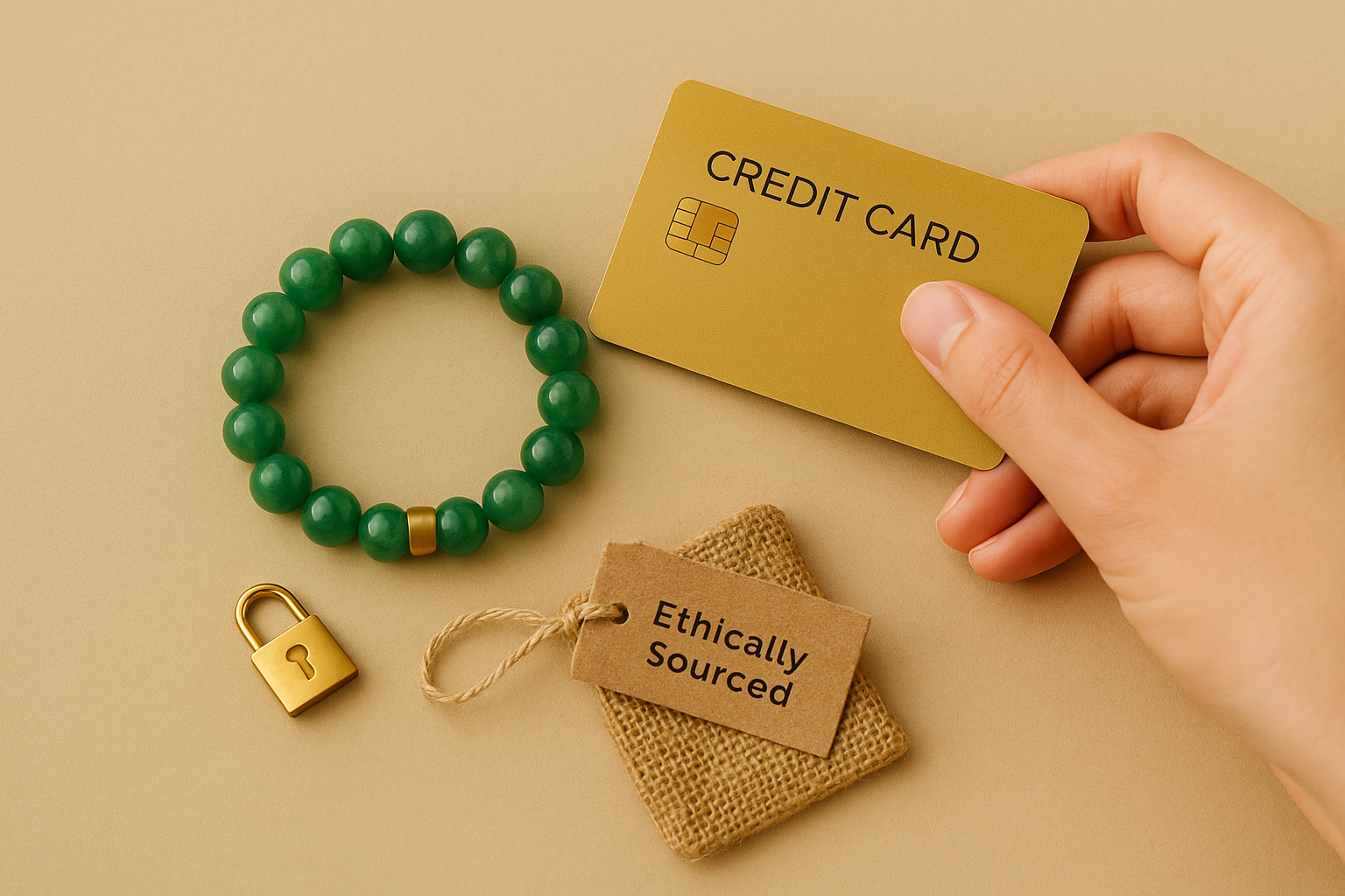 Hand placing golden credit card beside crystal bracelet and lock icon keychain – Vedoorja Jaipur