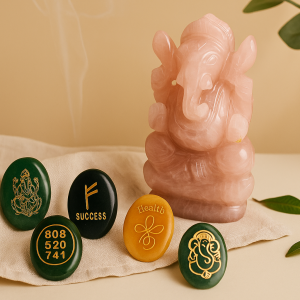 Zibu symbol healing stones and rose quartz Ganesh idol on beige background – handcrafted crystal products by Vedoorja Jaipur